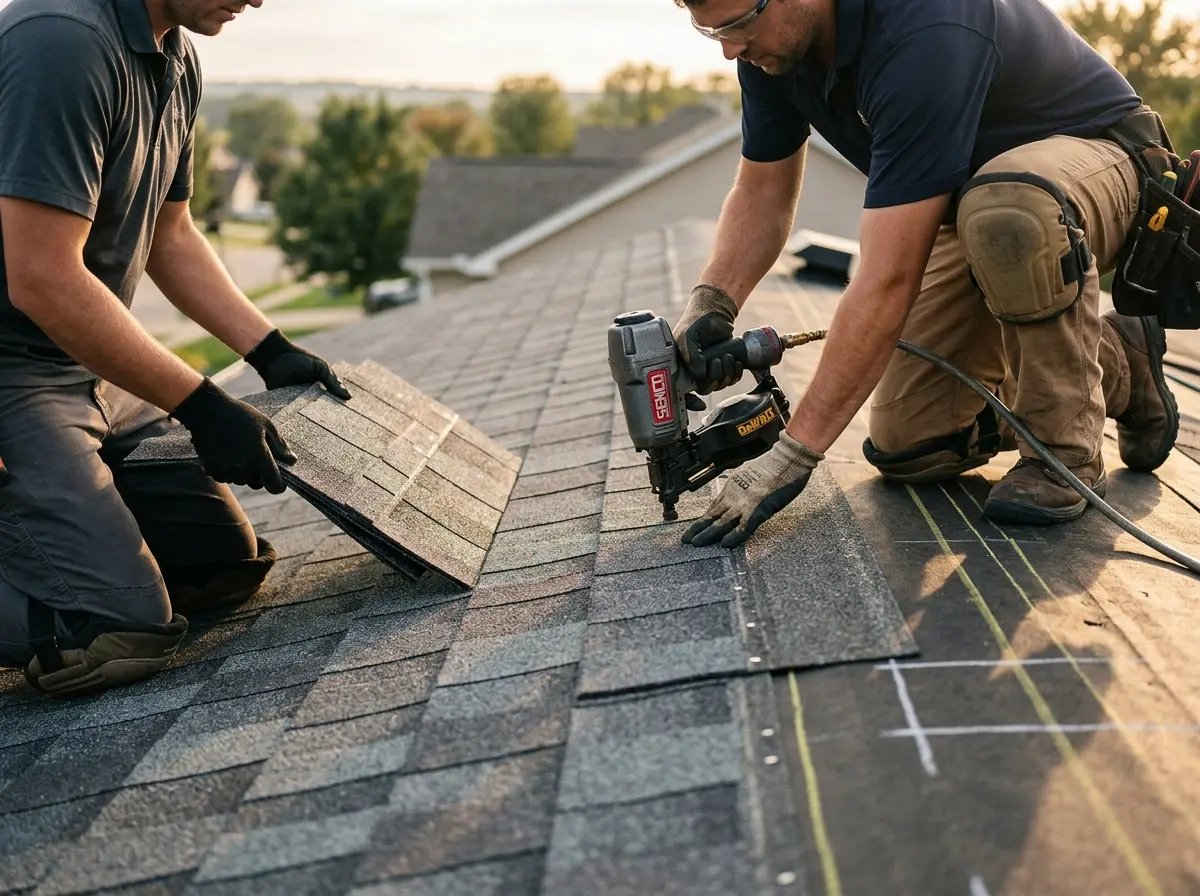 Professional roofer working on a residential roof in Baltimore Highlands